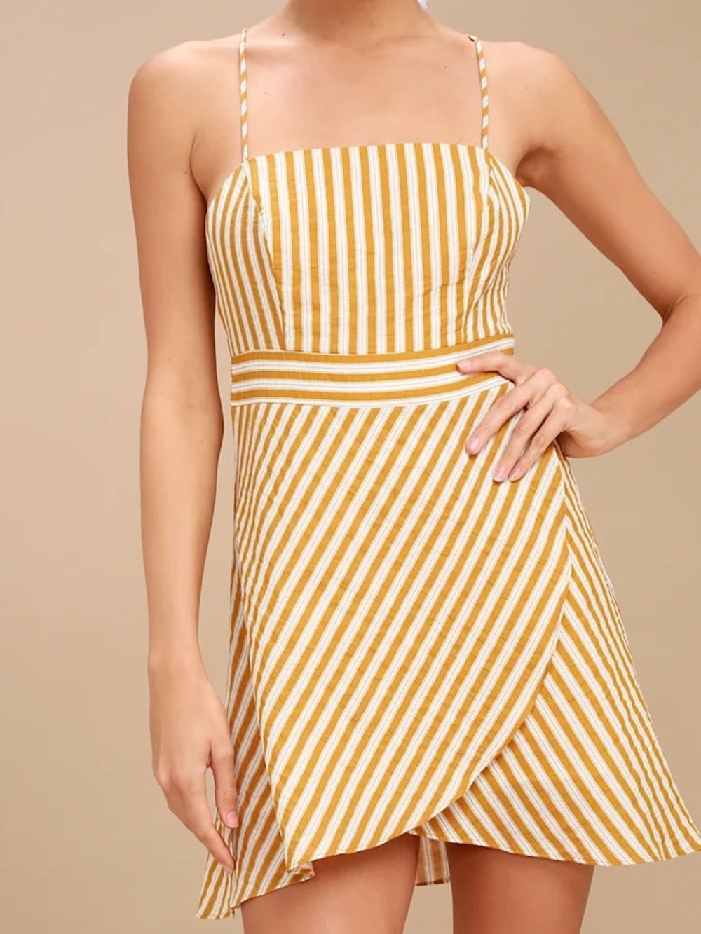 Lulus Central Park Yellow White Striped Mini Wrap Dress — Size L